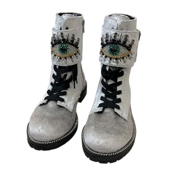 Kurt Geiger London Sutton Silver Velvet Leather Eye Embellished Combat Boots 10 - Picture 1 of 8